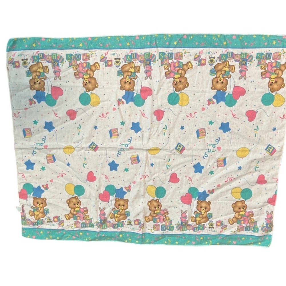 Vintage Riegel Baby Blanket Teddy Bear Blocks Balloons 100% Cotton Made in USA